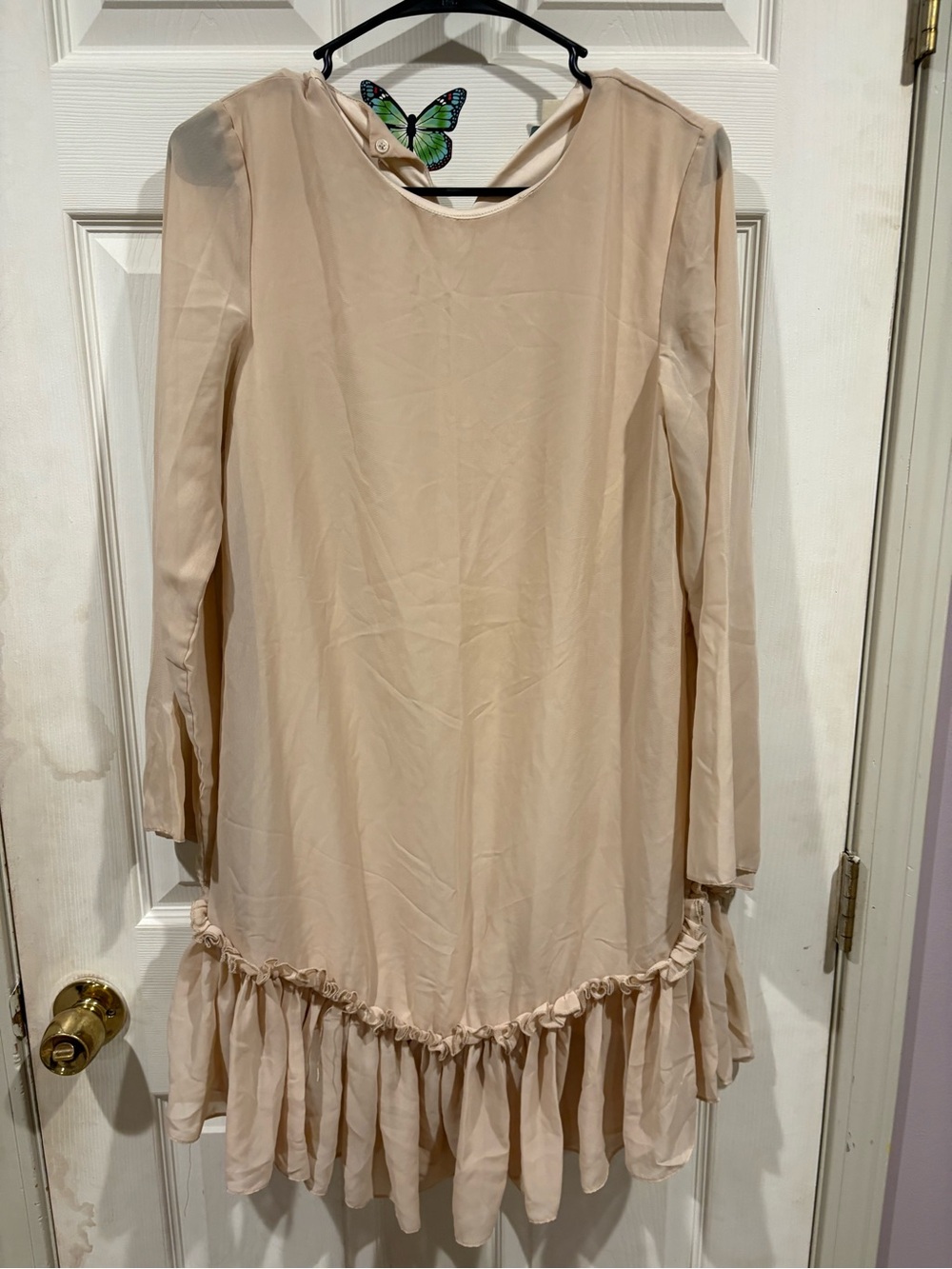 Cream Ruffle Hem Long Sleeve Dress